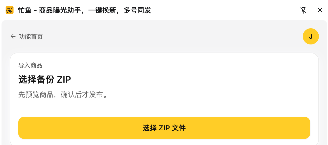 导入页初始态：「选择商品备份」和「选择 ZIP 文件」按钮